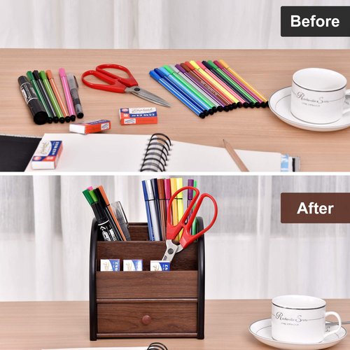 Siveit Wooden Desktop Organizer with Drawer, Multifunctional Office Supply Storage - Remote Control Caddy Holder