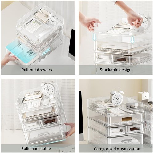 MineSign 2 Pack Desk Organizer with Drawers Stackable Paper Letter Tray for Office Organization Multi-functional Plastic Storage Box for Office Supplies Makeup Jewelry Beauty Accessories