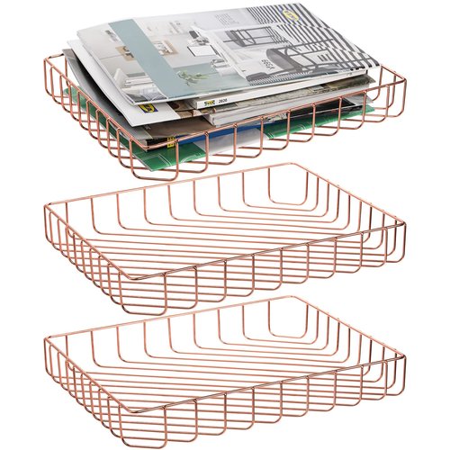 Okllen 3 Pack Wire Desktop File Organizer, Rose Gold Paper Tray, Office Document Storage Basket for Home, Pantry, Classroom