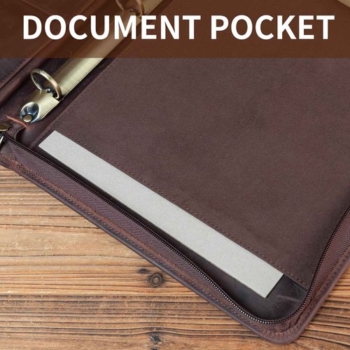 YIWEN Handmade Crazy-Horse Leather 3 Ring Binder Portfolio Padfolio Folder with Zipper for Men and Women, Business Organizer for Letter A4 Size for Meeting and Travel (Non-Custom, Dark Brown)