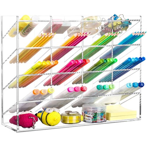 BEYGORM Acrylic Vertical Marker Organizer for 200 Markers with 17 Compartments, Clear Angled Pen & Pencil Holder, Large Desk Stationery & Art Supply Storage for Office & School (13 x 10.2 x 4 Inch)