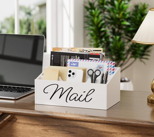 Vecxoty Wooden Mail Organizer Countertop Mail Holder for Desk with 4 Slots,Rustic Mail Basket for Counter with Anti-Slip Pad Mail Sorter Letter Holder Box for Desk Home Office（White）