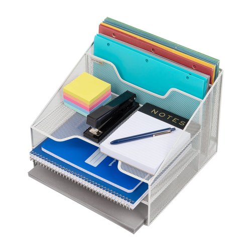 Mind Reader Metal Mesh Desktop File Organizer, 3-Tier Paper Tray with 5 Compartments, Office Mail Sorter, White