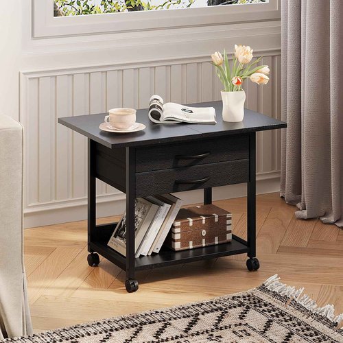 VENNQD Large Printer Stand with Storage Fabric Drawer Under Desk Printer Table with Wheels for Home Office, Printer Cart fit Fax Machine Scanner 23.4"x15.7" (Black, 2 Tiers)