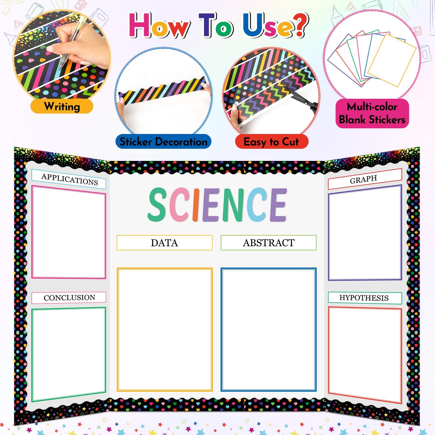 WATINC Science Fair Board Supplies, 96Pcs Self Adhesive Science Fair Project Set with 8 Letter Sticker 10 Presentation Subtitles, Bulletin Border Poster Decor for Classroom (Black)