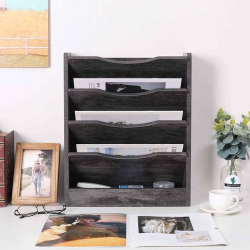 PAG 5-Tier Wall File Holder Hanging Mail Organizer Wood Magazine Literature Rack with 6 Hooks, Dark Gray