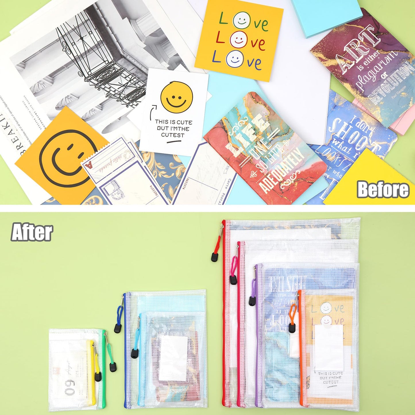 EOOUT 30pcs Mesh Zipper Pouch Bags, Waterproof, Plastic Zip File Document Folders, 8 Sizes Zipper Pouch for School Office Supplies Cosmetics and Board Game Storage