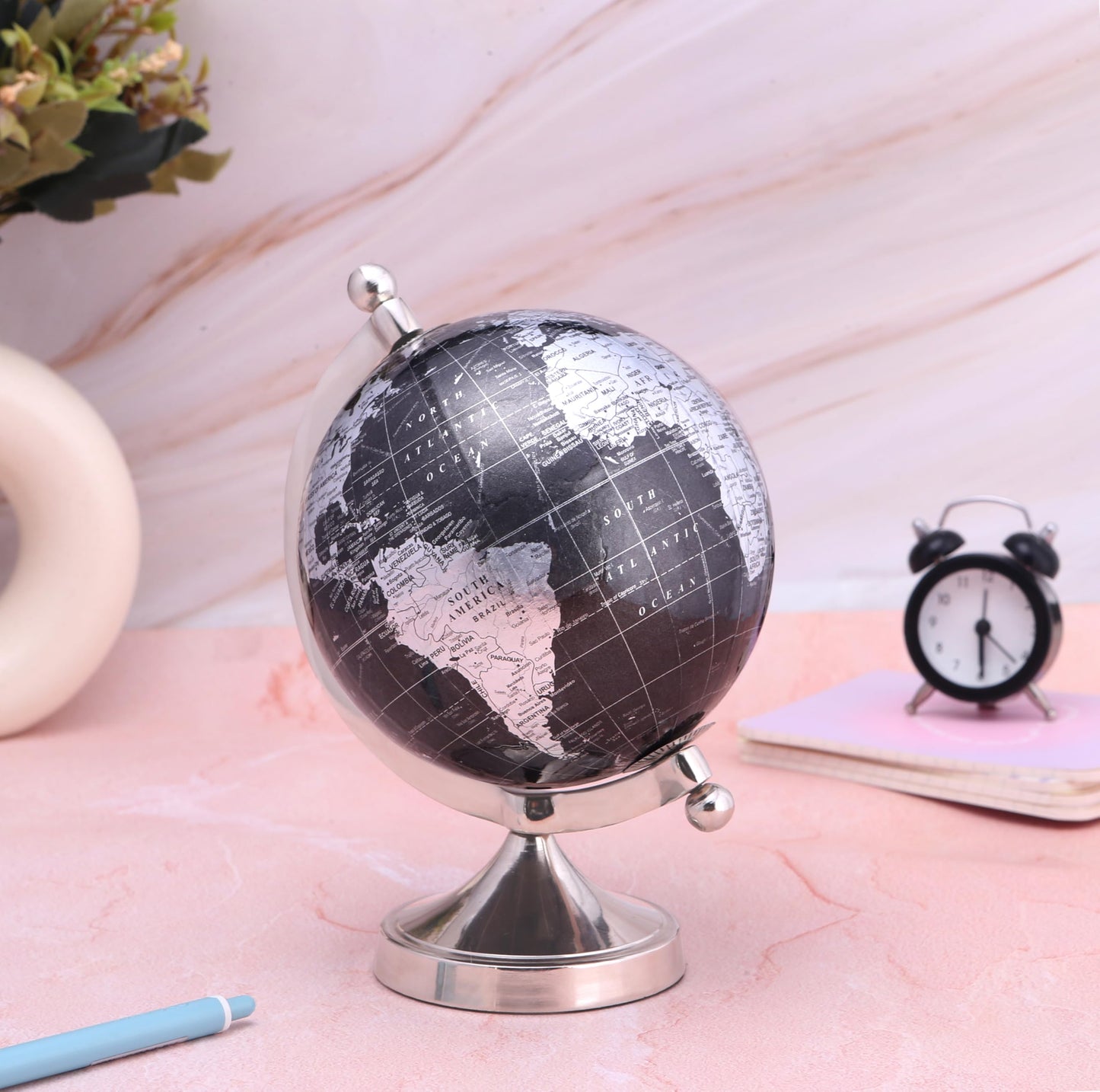 Rely+ 5" Black Globe of The World with Silver Stand (NOT PLASTIC!) For Bookcase Decorative Home Desk Table Office Decor Book Shelf Decor Globe 5 Inch