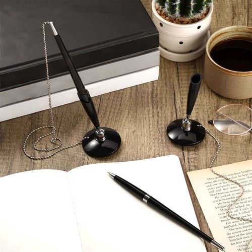 Zonon 24 Pieces Secure Pen with Chain Security Pen Holder Counter with Adhesive Chain and Base Black Ink for Reception Office Bank Work Hotel Lobbies Retail Stores Home Back to School Supplies