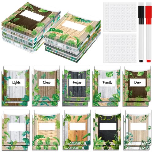 MotiMind 100 Pcs Class Library Card Pockets, Classroom Jobs Bulletin Board Library Pockets Chart with Erasable Pen and Glue for Chalkboard Home Office Back to School Decor(Green Leaf Countryside)
