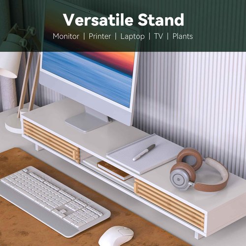 WELL WENG Dual Monitor Stand Riser with Sliding Door, Double Computer Laptop Stand Desk Shelf Organizer with Storage (White + Natural Bamboo, 38 Inch)