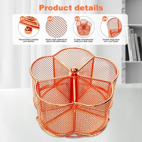 PNEUICALLY 360 Degree Rotate Pen Holder for Desk Mesh Desk Pen Organizer Pencil Holder Large Capacity Accessories & Workspace Organizers for School,Home (Rose Gold, No hook)