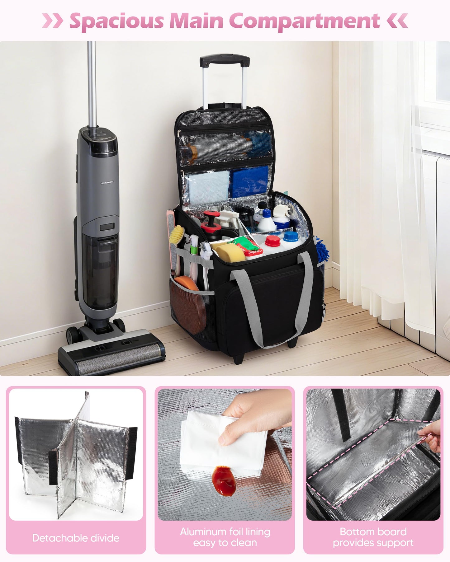 Marscamd Large Rolling Cleaning Caddy Bag with Detachable Trolley, Cleaning Supplies Organizer with Wheels for Housekeepers, Black