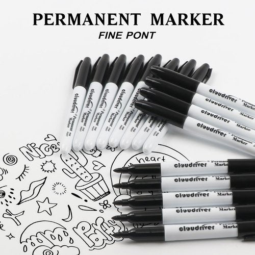 Cloudriver Black Permanent Markers - Fine Tip, Quick Drying & Fade Resistant | 60-Pack Set for Plastic, Wood, Metal & Glass