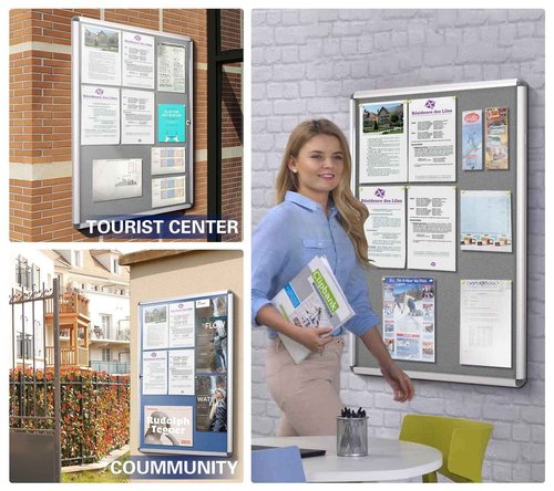 SWANCROWN Enclosed Bulletin Board Lockable Noticeboard Case with Aluminium Frame,Grey Felt, 20x14inch (2xA4)