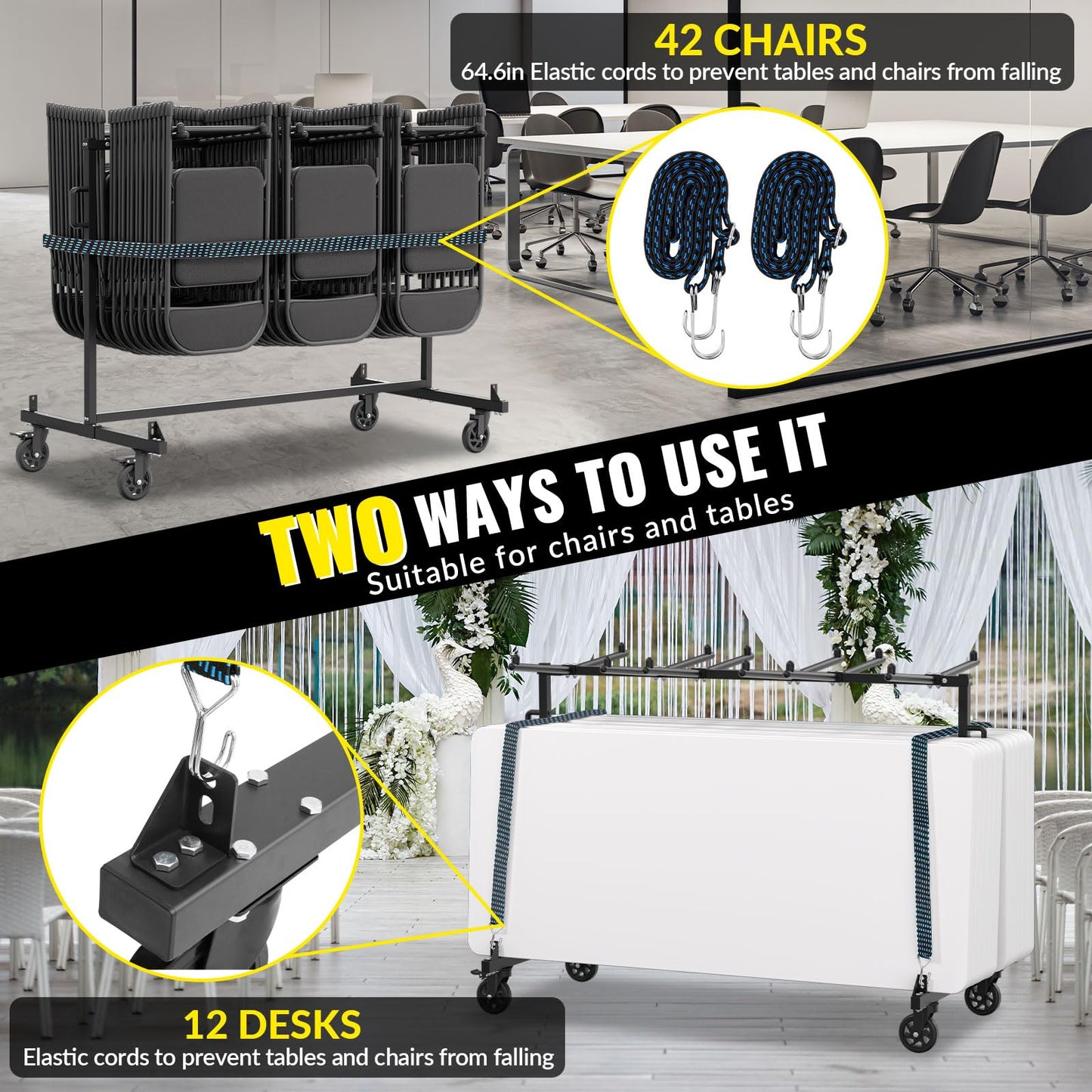 Folding Chair Cart, 500 LBS Capacity, Holds 42 Folding Chairs or 12 Tables, Heavy Duty Metal Rack with Outdoor Cover and 360° Rubber Locking Wheels