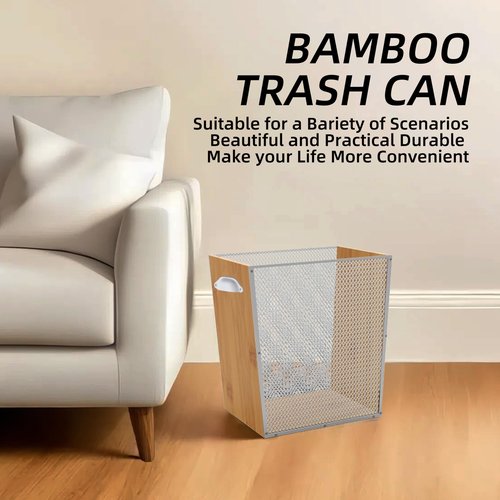 Fozxsvg 4 Gallon Bamboo-Wooden Trash Can - Rustic Office Waste Paper Basket - Decorative Garbage Bin for Bedroom, Bathroom, Kitchen, Living Room