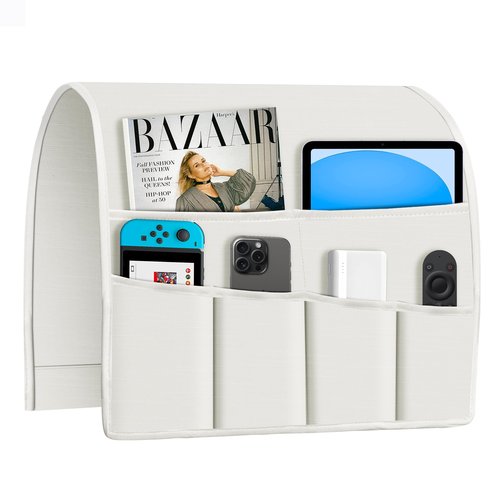 Joywell Sofa Armrest Organizer Remote Control Holder for Recliner Couch Organizer Caddy Bed Remote Holder with 6 Pockets for Magazine, Tablet, Phone, iPad, Ivory