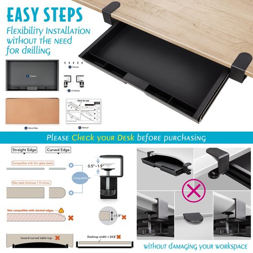 EHO Under Desk Slide-Out Storage Drawer, Large 20"x11.8" Pull-Out Organizer with Smooth Sliding Rail, Adjustable C-Clamp Mount, Black Tray for Home Office & Standing Desk