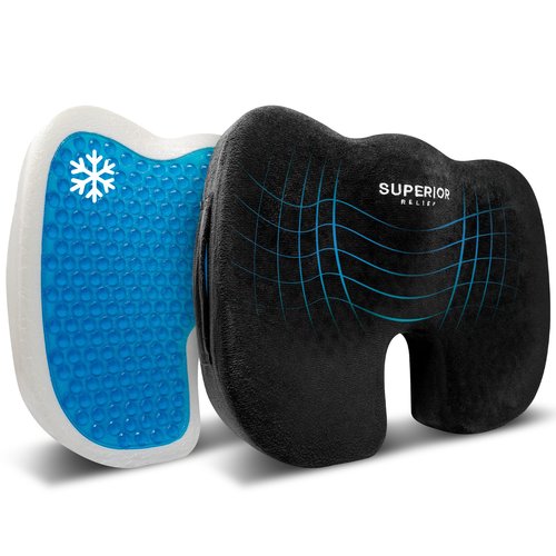 SUPERIOR RELIEF Seat Cushion for Office Chair, Car & Gaming – Cooling Gel, Ergonomic Coccyx Support for Sciatica & Back Pain Relief – Non-Slip, Washable Cover, Portable Comfort Pad