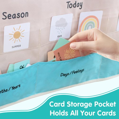 ALSLEA Calendar and Weather Pocket Chart for Classroom, 35½" x 25½" Large Boho Calendar for Kids, Preschool Toddler Learning Activities Chart, Back to School Supplies, Homeschool and Teacher Essentials 114 Cards