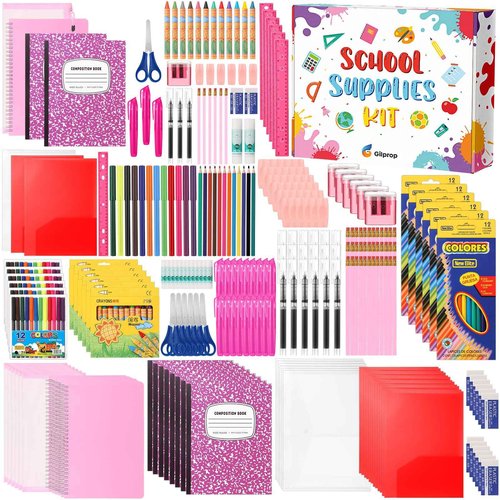 Gilprop 6 Sets Back to School Supplies 72 Pcs Per Set Elementary Middle High School Supplies Bundle Kit Stationery Gift for Kindergarten K-8 Kid Student Girl Boy Classroom(Pink)
