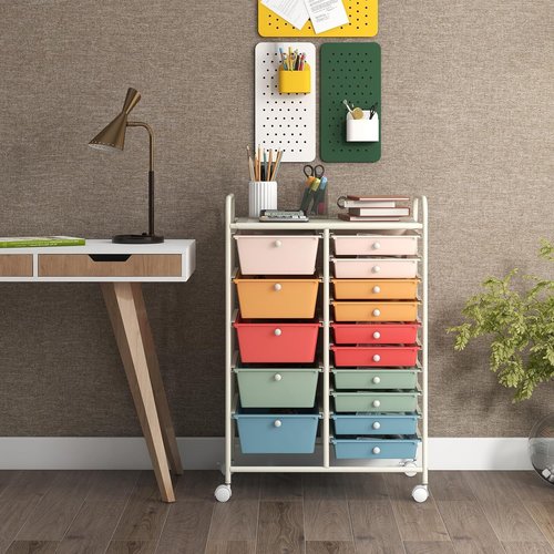 LDAILY 15 Drawer Rolling Storage Cart, Rolling Cart with Drawers for Classroom, Art Supply Craft Organizer on Wheel with Metal Frame & Handles for Home Office School