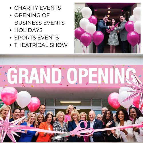 Ribbon Cutting Ceremony Kit Pink - 25 Inch Giant Scissors for Ribbon Cutting Pink Banner and Star Balloons Satin Ribbon for Special Events and Business Openings Inaugurations