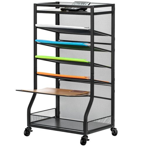 ThreeHio 7 Tier Rolling File Cart with Sliding Trays, Wood Metal File Organizer Beside Desk, Free-Standing File Holder, Paper Letter Tray Organizer Mesh Desk Organizer for Home Office School (Patent)