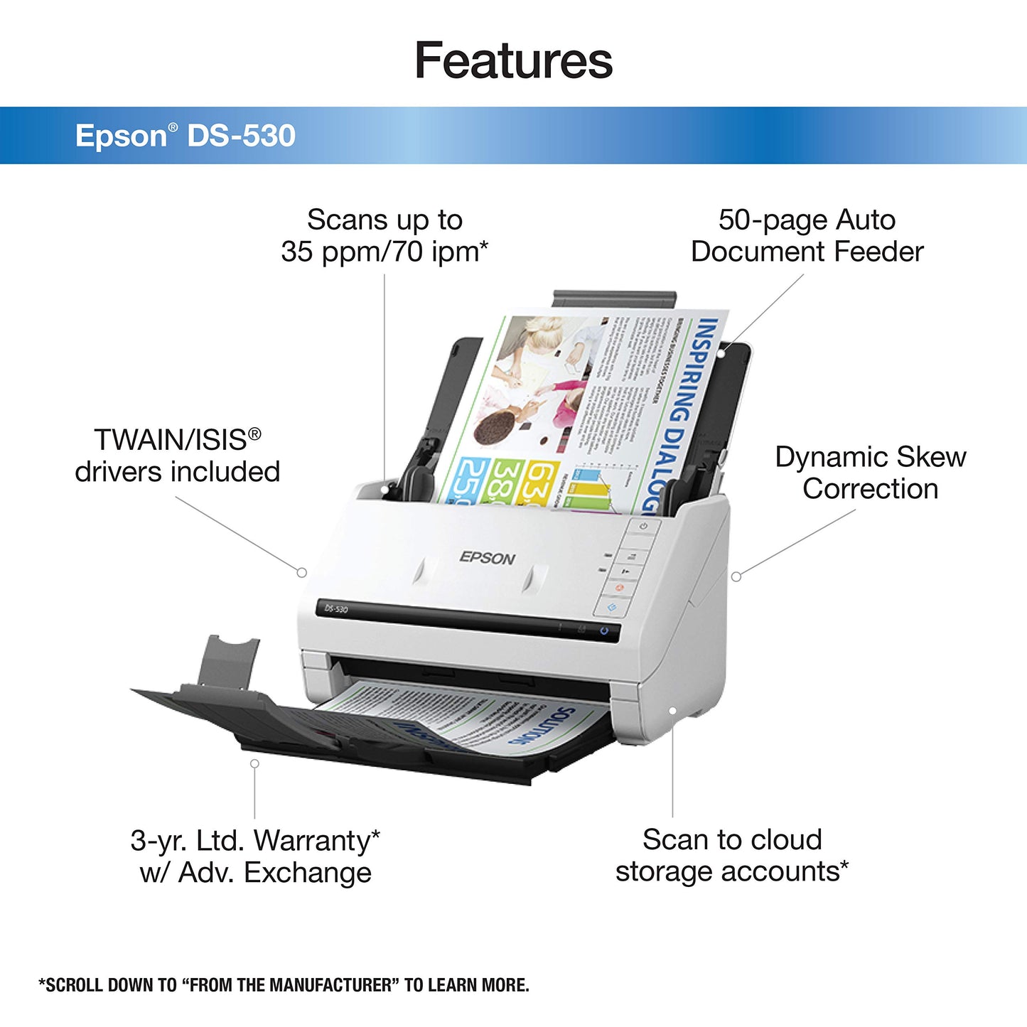 Epson DS-530 Document Scanner: 35ppm, Twain & ISIS Drivers