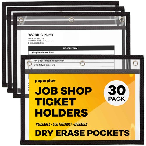 Job Ticket Holders 9x12 - (30 Pack), 8.5 x 11 Letter Size, Dry Erase Pockets, Clear & Black Plastic Sleeves - Reusable, Water-Resistant