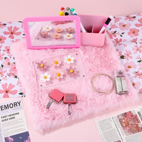 15 Pcs Locker Accessories Kit Pink Flower Magnetic Wallpaper Magnetic Mirror Whiteboard Pen Holder Magnet Hook Locker Rug Marker Pen String Light for Girls Back to School Essentials Locker Decorations