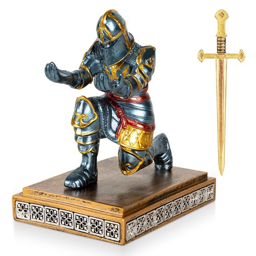 Akulgaci Medieval Knight Pen Holder with Sword, Kneeling King's Guard Warrior Pencil Stand Office Accessories Cool Fancy Desk Decor Gift for Men Father Husband Grandfather Boyfriend Boss Him