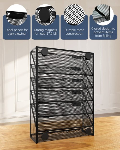 Vdamu 6-Tier Magnetic File Holder - No Drilling Installation File Organizer, Large Capacity Magnetic File Holder for Refrigerator, File Cabinets, Whiteboard, Office, Kitchen