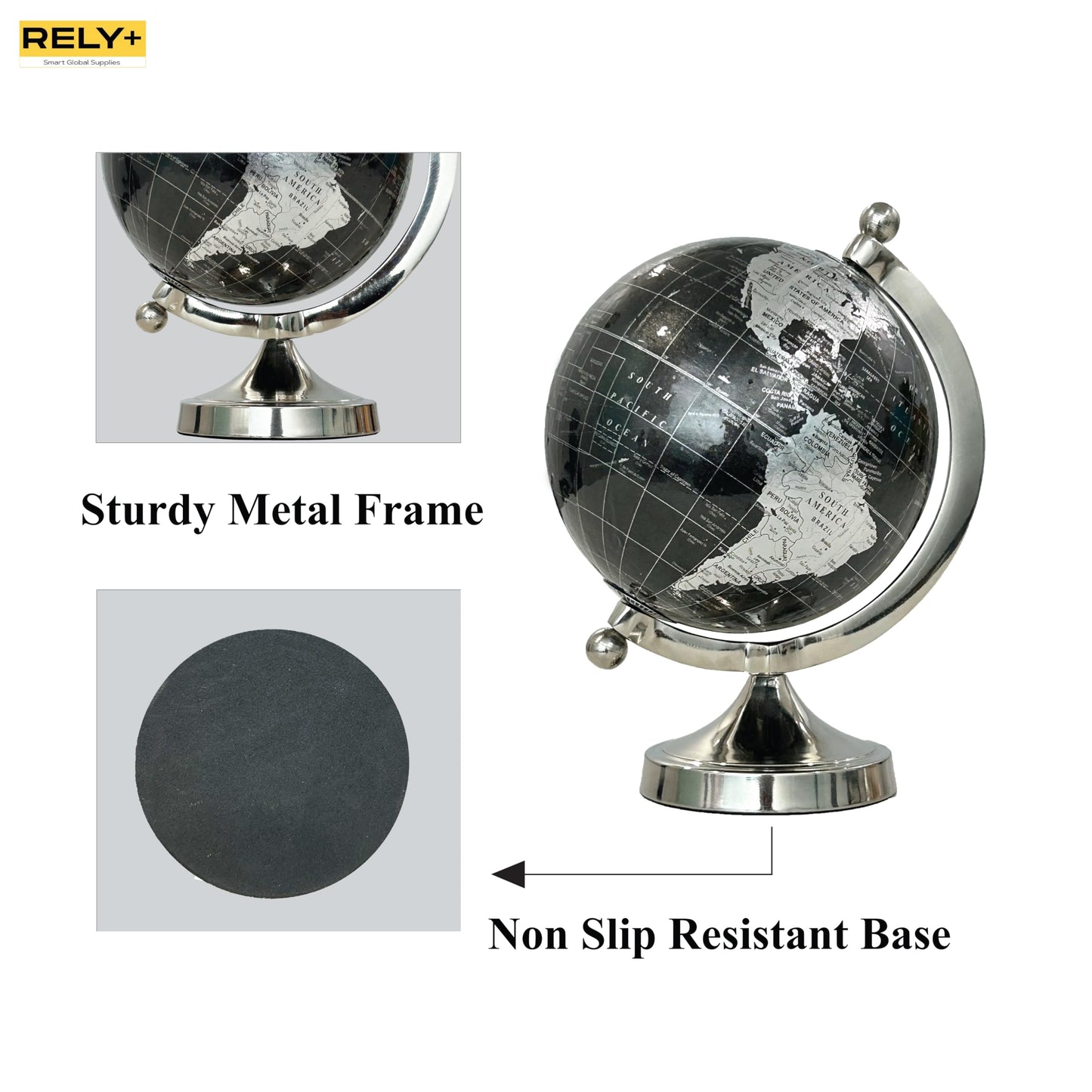 Rely+ 5" Black Globe of The World with Silver Stand (NOT PLASTIC!) For Bookcase Decorative Home Desk Table Office Decor Book Shelf Decor Globe 5 Inch