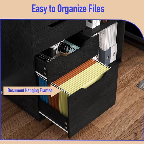 Senhoglb Lateral File Cabinet with 4 Storage Drawers, Large Office Printer Stand for Letter A4 Size File Folders, Adjustable Shelf, Black