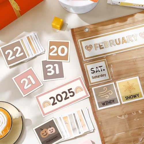 Sinload Classroom Calendar Pocket Chart Set Calendar Bulletin Board Set Seasons Festival Weather Pocket Chart for Classroom Decoration Back to School Supplies(Neutral Boho)