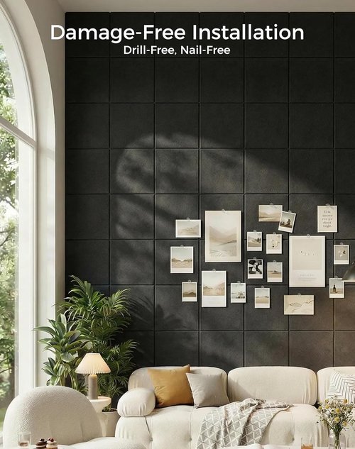 Aothia 12-Pack Felt Bulletin Board Tiles - Modular 48x36 Cork Board Alternative for Office & Classroom | Includes 70 Adhesive Tabs & 40 Push Pins (Black)