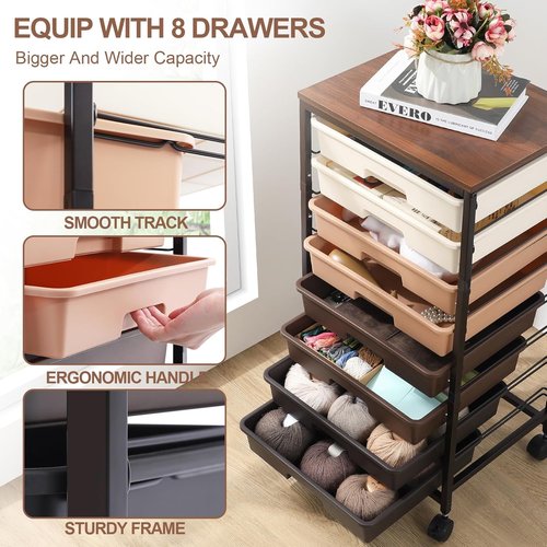 **SYKIARIOL Rolling Storage Cart - Versatile Drawer Cart with Wooden Tabletop | Brown Gradient Finish**