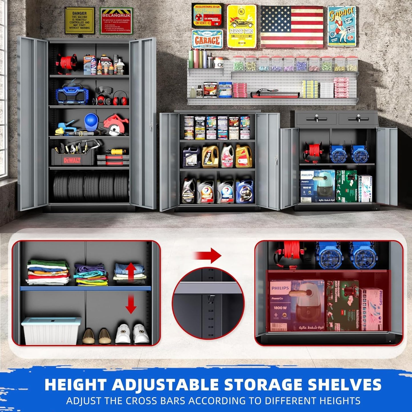 INTERGREAT Metal Storage Cabinet with Lock,72" Tall Steel Cabinets with 2 Doors and 4 Adjustable Shelves,Lockable Steel Storage for Home Office, Garage, Warehouse (Black Grey)