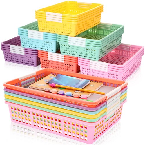 CroBlissful 36 Pcs Colorful Plastic Classroom Baskets Bulk with Handles 13.6" x 10" Classroom Storage Bins Morandi Paper Trays Desk Basket for School Office Teacher Book Pencil Organization