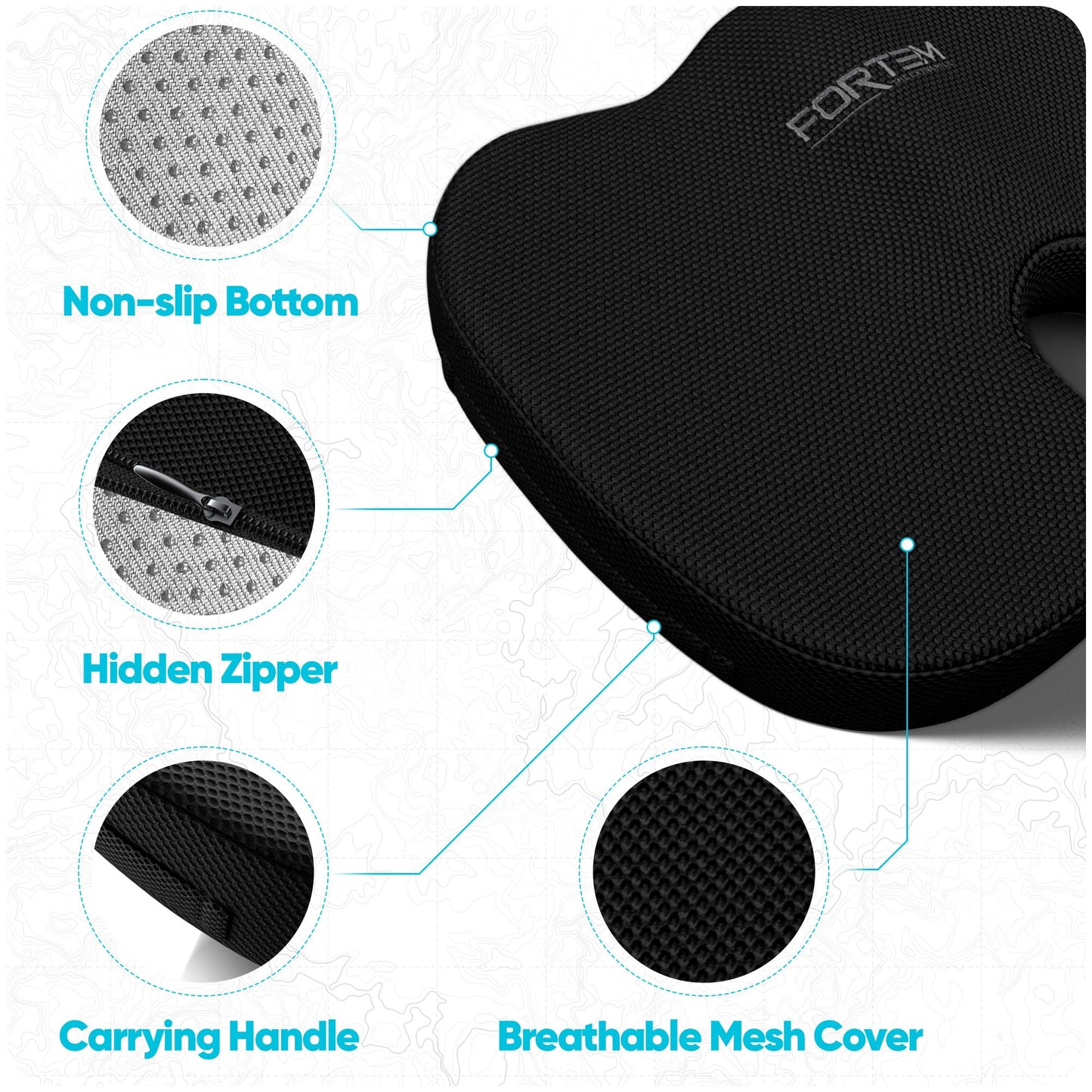 FORTEM Seat Cushion, Office Chair Cushion, Memory Foam Car Seat Cushions, Sciatica Coccyx Tailbone Pain Relief, Chair Cushions for Back Support, Sitting Pad for Gaming, Washable Cover, Non Slip