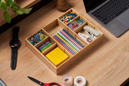 Umilife Desk Drawer Organizer, Bamboo Wood Organizer Tray with Adjustable Compartments, Office Desk Accessories Supplies Organization Storage, 12" x 9"