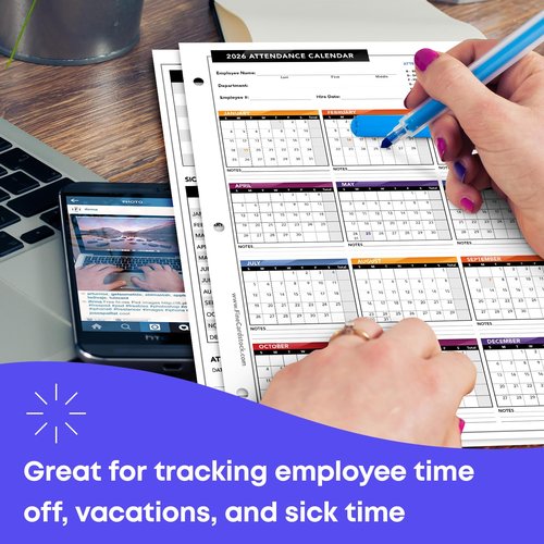 2026 Attendance Calendar – Great Employee Daily Attendance Work Tracker – Bright and Colorful, Printed on Durable and Thick 80lb Cover Cardstock – 3 Hole Punched – 8.5 x 11" – 25 Sheets per Pack