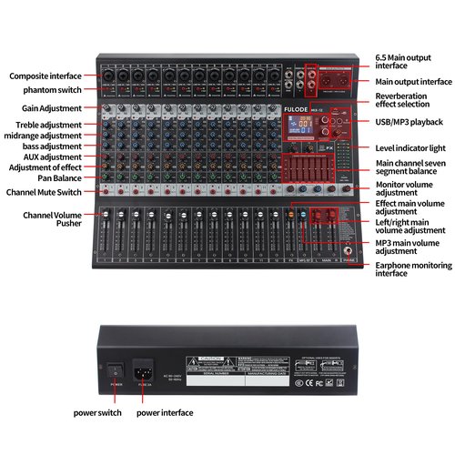 FULODE 12-Channel Bluetooth Studio Audio Mixer 99 Bit DSP Digital Processor w/USB MP3 for PC Recording Input, XLR Microphone Jack, 48V Power, For Professional and Beginners DJ Mixer