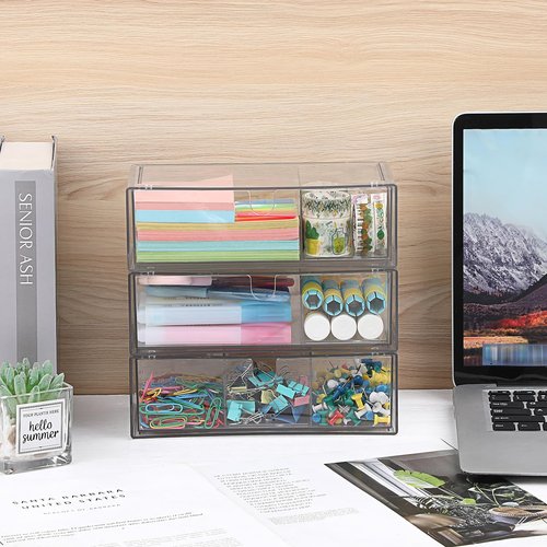 GUSHBIN Acrylic Pencil Drawer with Removable Dividers Clear Pull Out Pen Drawer Organizer Stackable Bathroom Organizer for Makeup, Cosmetics, Office Supplies,3 Pack