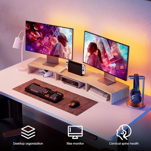 FITUEYES Dual Monitor Stand - Adjustable Wood Desktop Riser with 3 Shelves | Medium Oak Finish