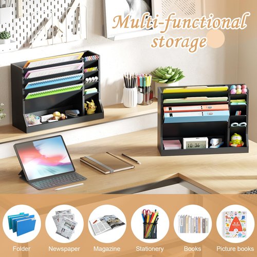 Dmticoasis 4-Tier Wall File Organizer with Pencil Holder & Bottom Tray – Hanging Mail Holder for Office, Countertop/Desk Storage for Home Office Supplies, Black