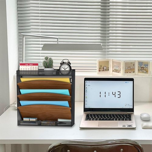 Aimeaihe Wall File Organizer, Wood Wall File Holder, 5 Tier Vertical Hanging Wall File Organizer, 3 Pockets Wall Mount File Holder with Top and Bottom Flat Tray for Office School Home, Black