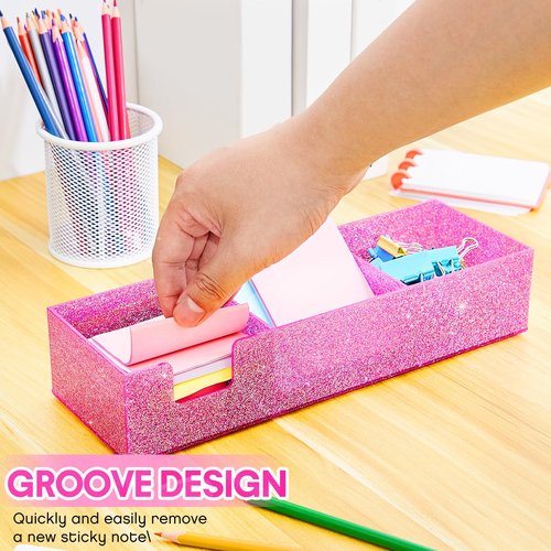 Chunful 3in1 3"x3" Acrylic Glitter Sticky Note Holder For Desk Crystal Acrylic Memo Pad Dispenser Bright Pink Self Stick Note Pad Holder for Dorm Room Home Desk Organizer School Office Supplies